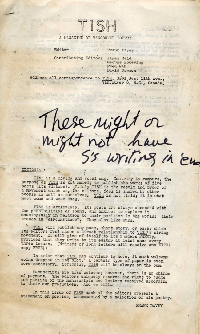 A long, yellowing peice of paper with the title "TISH" printed at the top.