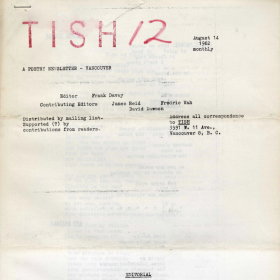 A yellowing peice of paper with the title "TISH" printed at the top.