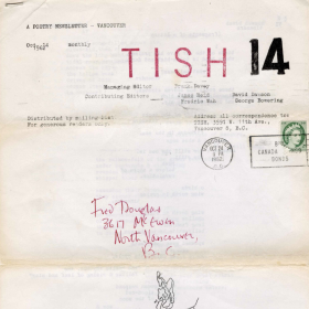 A long, yellowing peice of paper with the title "TISH" printed at the top.